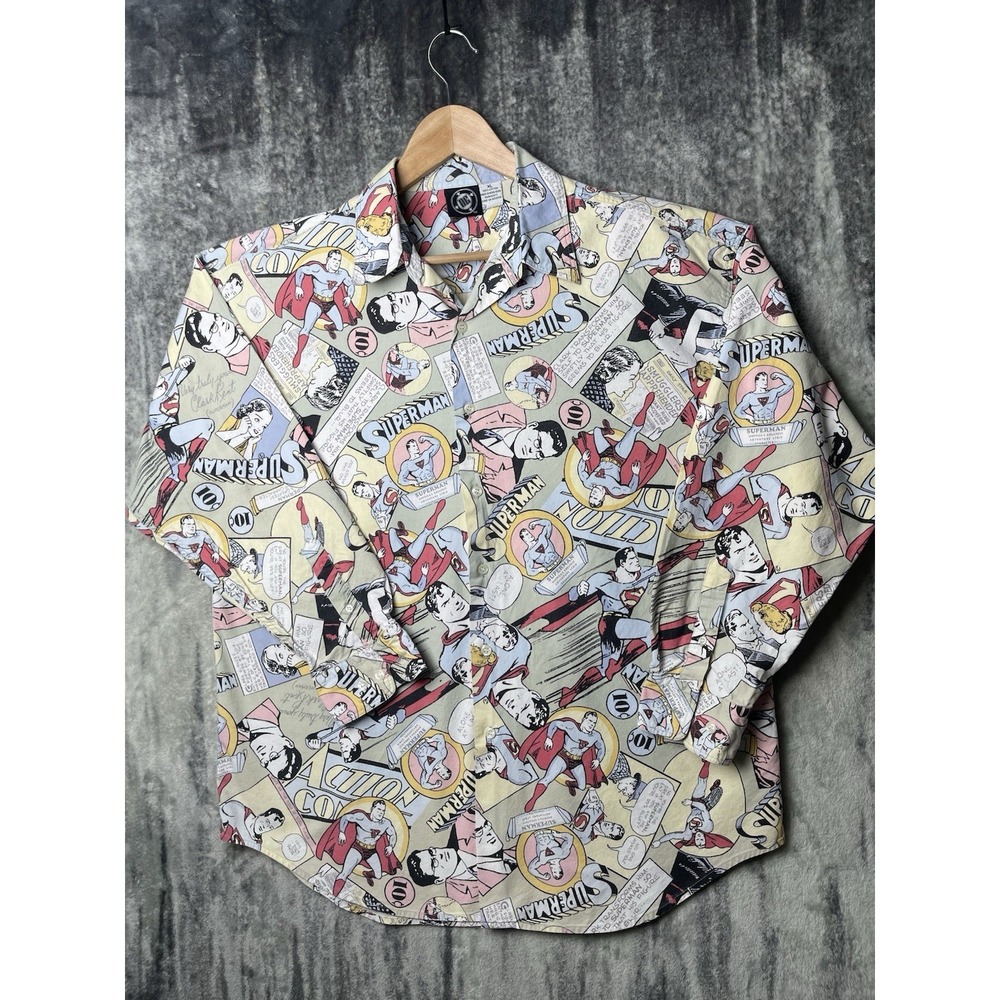 VTG DC Comics Superman Clark Kent Button Graphic Shirt AOP Mens XL